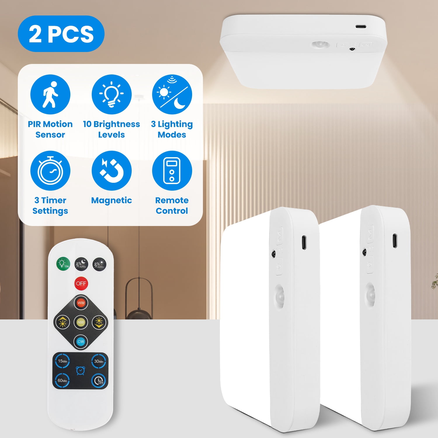 TeqHome 2 Pack Motion Sensor Ceiling Light with Remote Rechargeable ...
