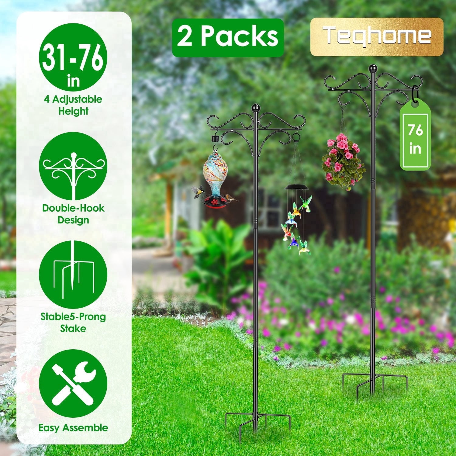 Teqhome 2 Packs Heavy Duty Squirrel Proof Double Shepherds Hook for Bird Feeder Pole with 4 Adjustable Height 5 Prong Base, Garden Hanging Holder for Plant Lantern Outdoor Patio 76in