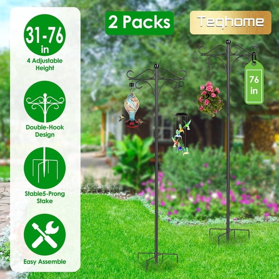 Teqhome 2 Packs Heavy Duty Squirrel Proof Double Shepherds Hook for Bird Feeder Pole with 4 Adjustable Height 5 Prong Base, Garden Hanging Holder for Plant Lantern Outdoor Patio 76in