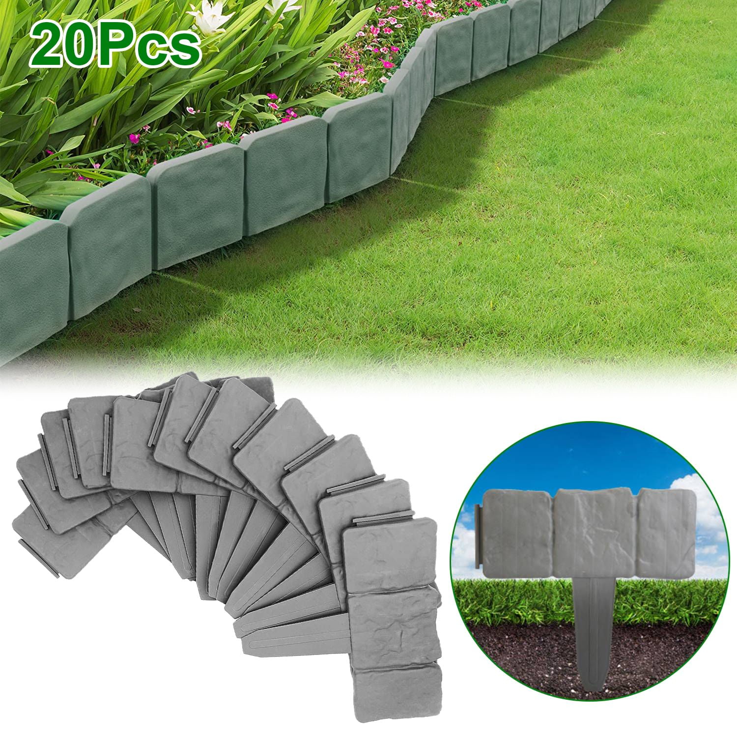 Gray Plastic Cobbled Stone Effect Garden Lawn Border Edging, 20 Pieces