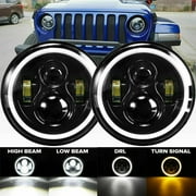 TeqHome 2Pcs 7in Car LED Headlights Round Halo Angle Eyes DRL Turn Signal Amber Lamp For 1997-2017 Jeep Wrangler JK LJ TJ with H4 H13 Adapter