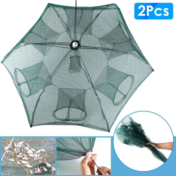 TeqHome 2Pcs Foldable Fishing Trap Net with 6 Hole Portable Crawfish Trap with Nylon Mesh Steel Frame for Catching Live Bait Fish Minnow Crawfish Shrimp