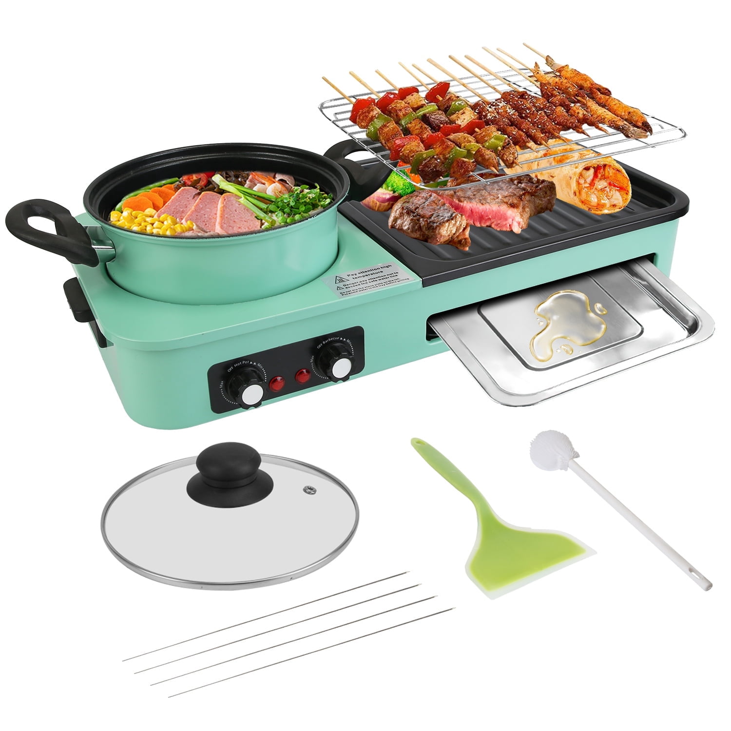 TeqHome 3 in 1 Electric Hot Pot with Grill 1600W Independent Temperature Control Smokeless Non-Stick Pot and Griddle for Korean BBQ Steaks Shabu Shabu and Noodles Fast Heating Green