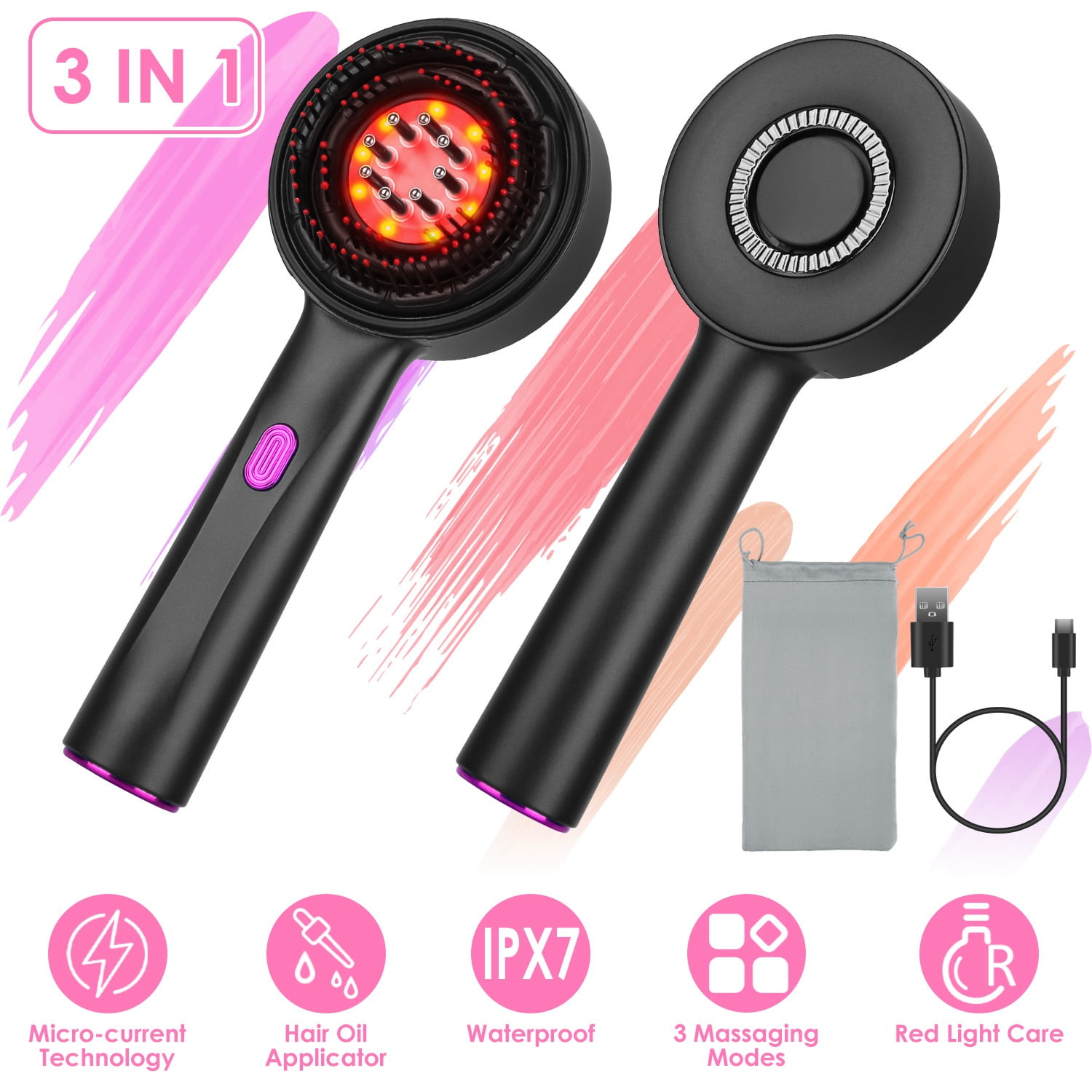 TeqHome 3 in 1 Hair Oil Applicator, Rechargeable Electric Hair Brushes Red Light Scalp Massager for Hair Growth with 3 Modes IPX7 Waterproof