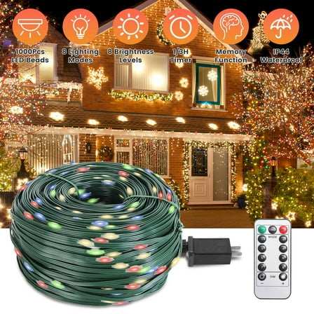 TeqHome 330ft 1000 LED Christmas String Lights 8 Lighting Modes 8 Brightness Timer Remote Control IP44 Waterproof Christmas Lights for Christmas Decor Color