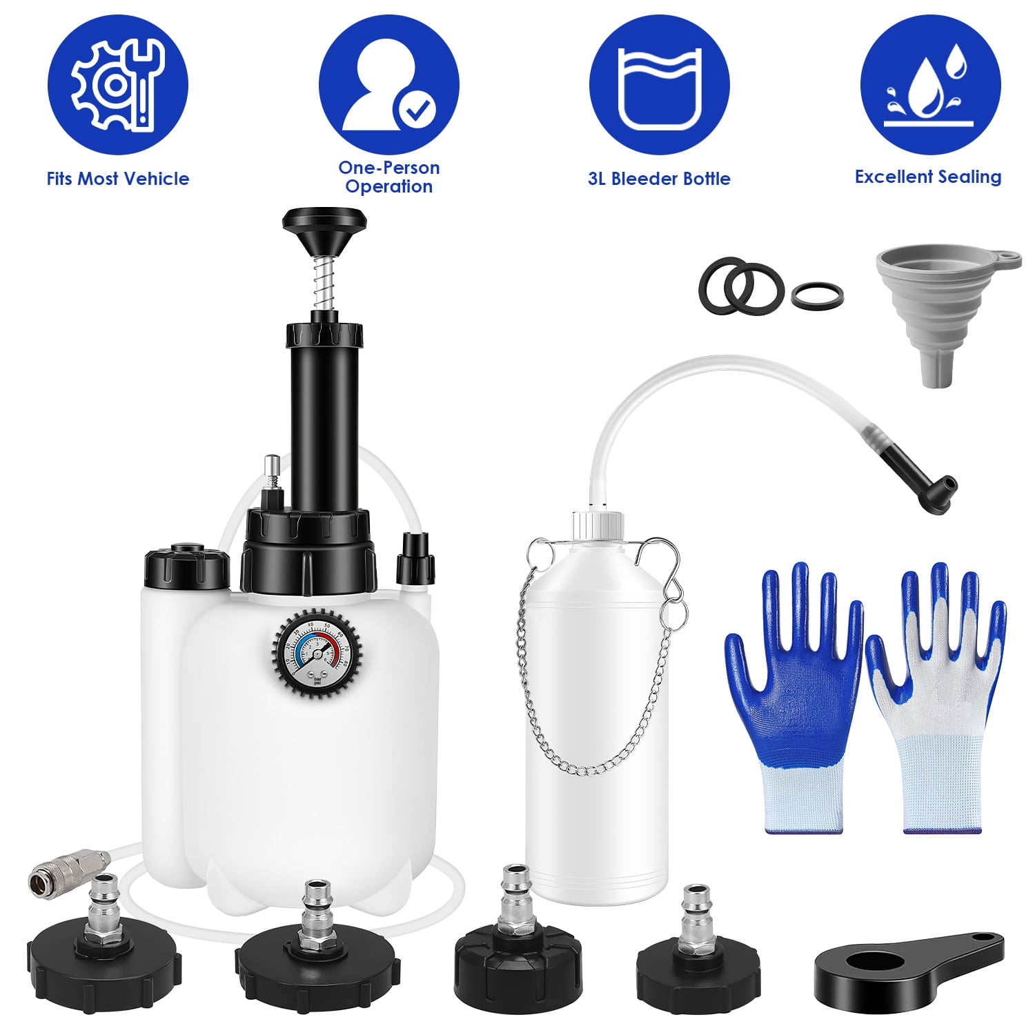 TeqHome 3L Manual Brake Bleeder Kit One Person Brake Bleed Vacuum Pump Kit for Various Vehicles 1L Waste Oil Bottle 4 Master Cylinder Adapters Gloves Funnel
