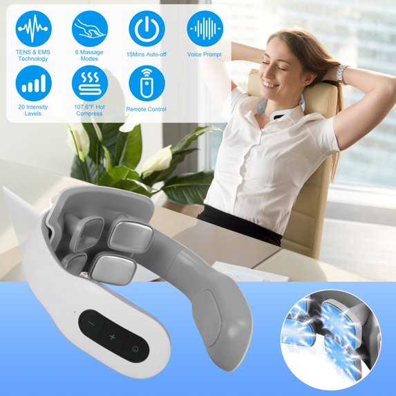 TeqHome 4 Head EMS Neck Massager with Heat Portable Heated Neck Massager with 6 Modes 20 Intensity Levels Remote Control Voice Prompt