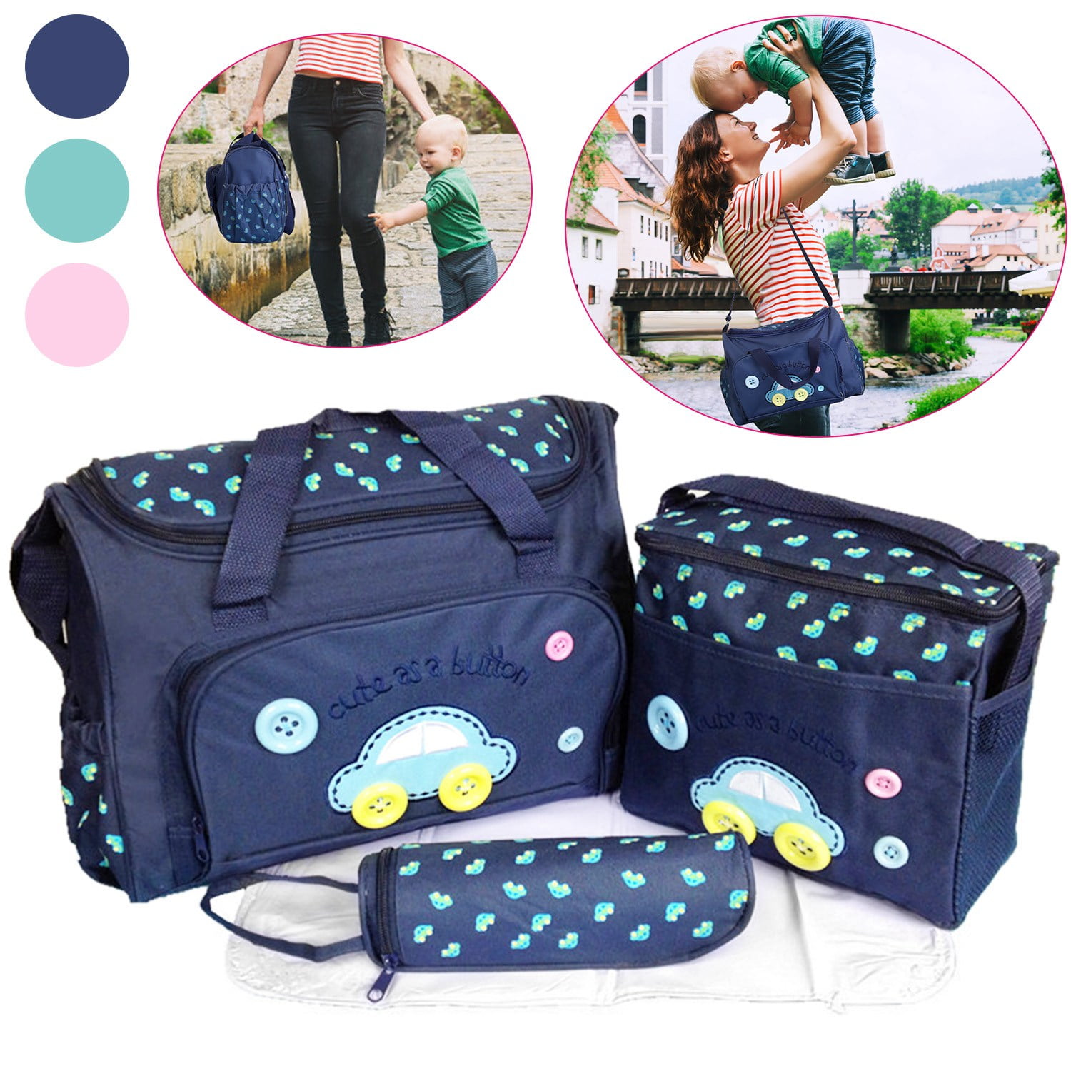 TeqHome 4Pcs Diaper Bag Tote Set with Napping Changing Pad Diaper Mummy Travel Bag Shoulder Bag Dark Blue