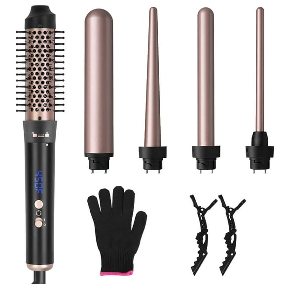 TeqHome 5 in 1 Curling Wand with Thermal Brush Curler and 4 Interchangeable Curling Wand (0.35"-1.26”), 4 Heating Levels Hair Curler Standard US Plug