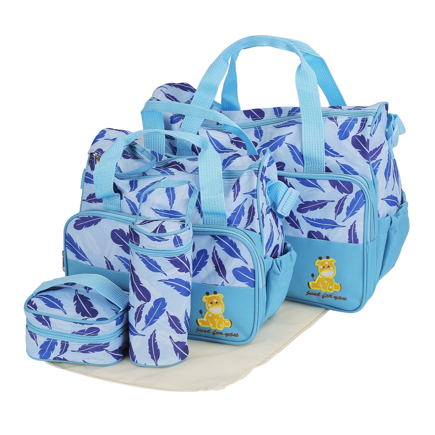 TeqHome 5Pcs Baby Diaper Bag Tote Portable Baby Bag with Diaper Pad Food Bag Bottle Bag Travel Tote Bags for Mom Dad Blue