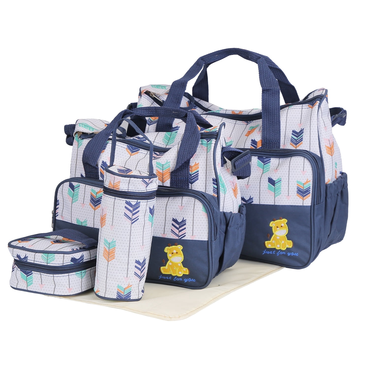 TeqHome 5Pcs Baby Diaper Bag Tote Portable Baby Bag with Diaper Pad Food Bag Bottle Bag Travel Tote Bags for Mom Dad Dark Blue