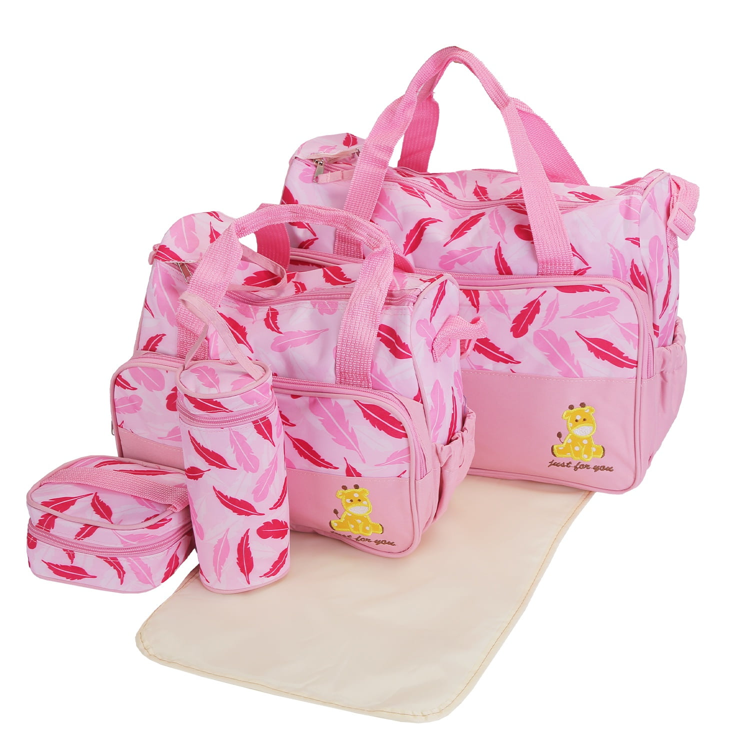 TeqHome 5Pcs Baby Diaper Bag Tote Portable Baby Bag with Diaper Pad Food Bag Bottle Bag Travel Tote Bags for Mom Dad Pink