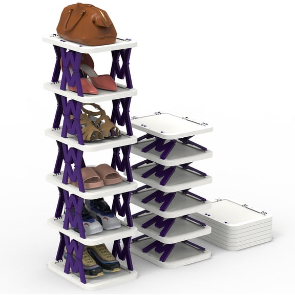 TeqHome 6 Tier Vertical Shoe Rack Foldable Narrow Shoe Storage Rack Shelf Space Saving Shoes Stand for Entryway Living room Bedroom Purple