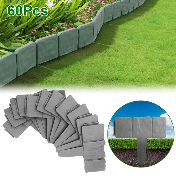 TeqHome 60Pcs Plastic Garden Edging Border 48FT Flower Bed Landscape Stone Effect Fence Garden Fence Panels for Lawn Patio Yard Gray Green