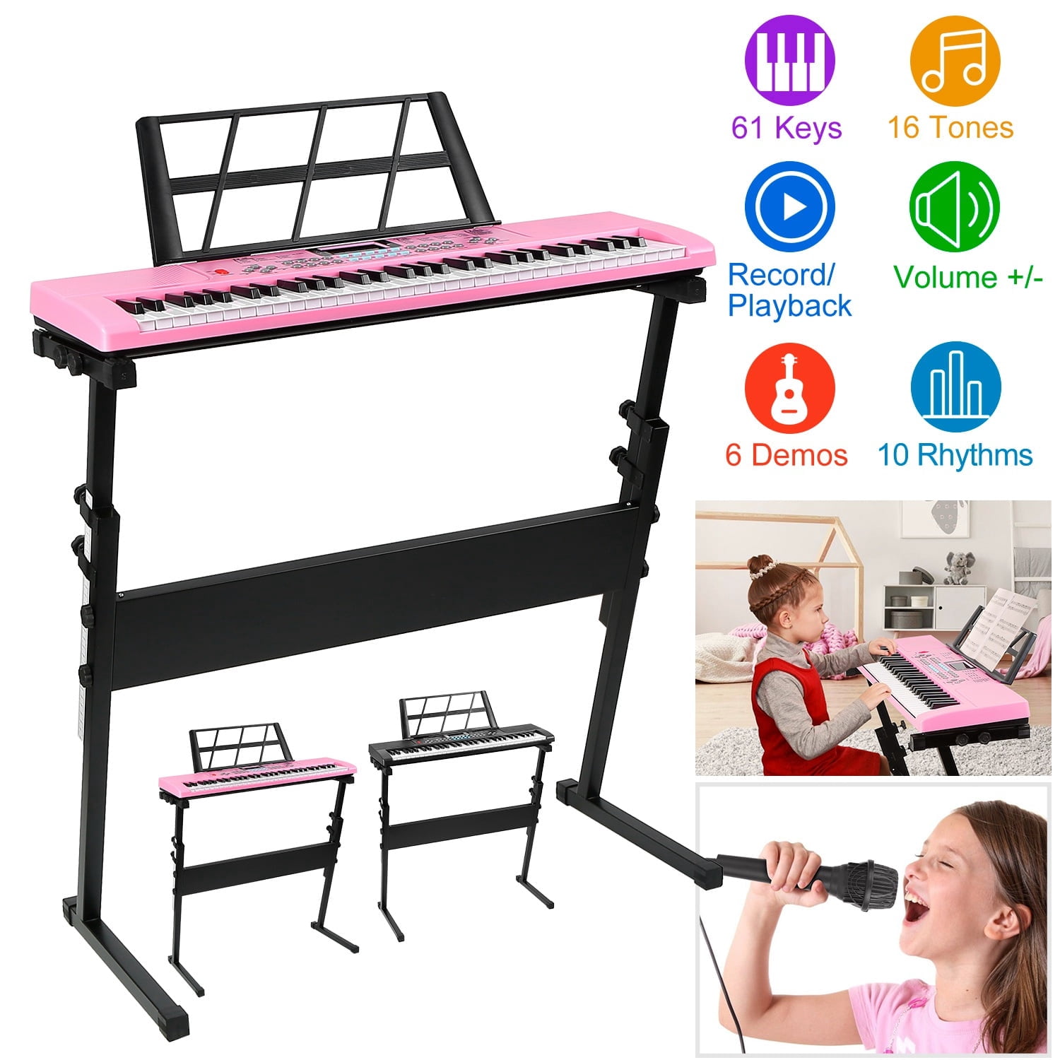 TeqHome 61 Key Electric Keyboard Piano with Microphone and Music Stand Height Adjustable Piano Keyboard Gift for Beginners Pink