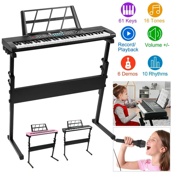 TeqHome 61 Key Electric Keyboard Piano with Microphone and Music Stand Height Adjustable Piano Keyboard Gift for Beginners Black