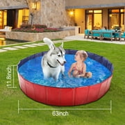 TeqHome Foldable Dog Kiddie Pool Heavy Duty PVC Dog Pet Bath Pool Non-Slip Collapsible Pet Pool for Outdoor Backyard 63" Red