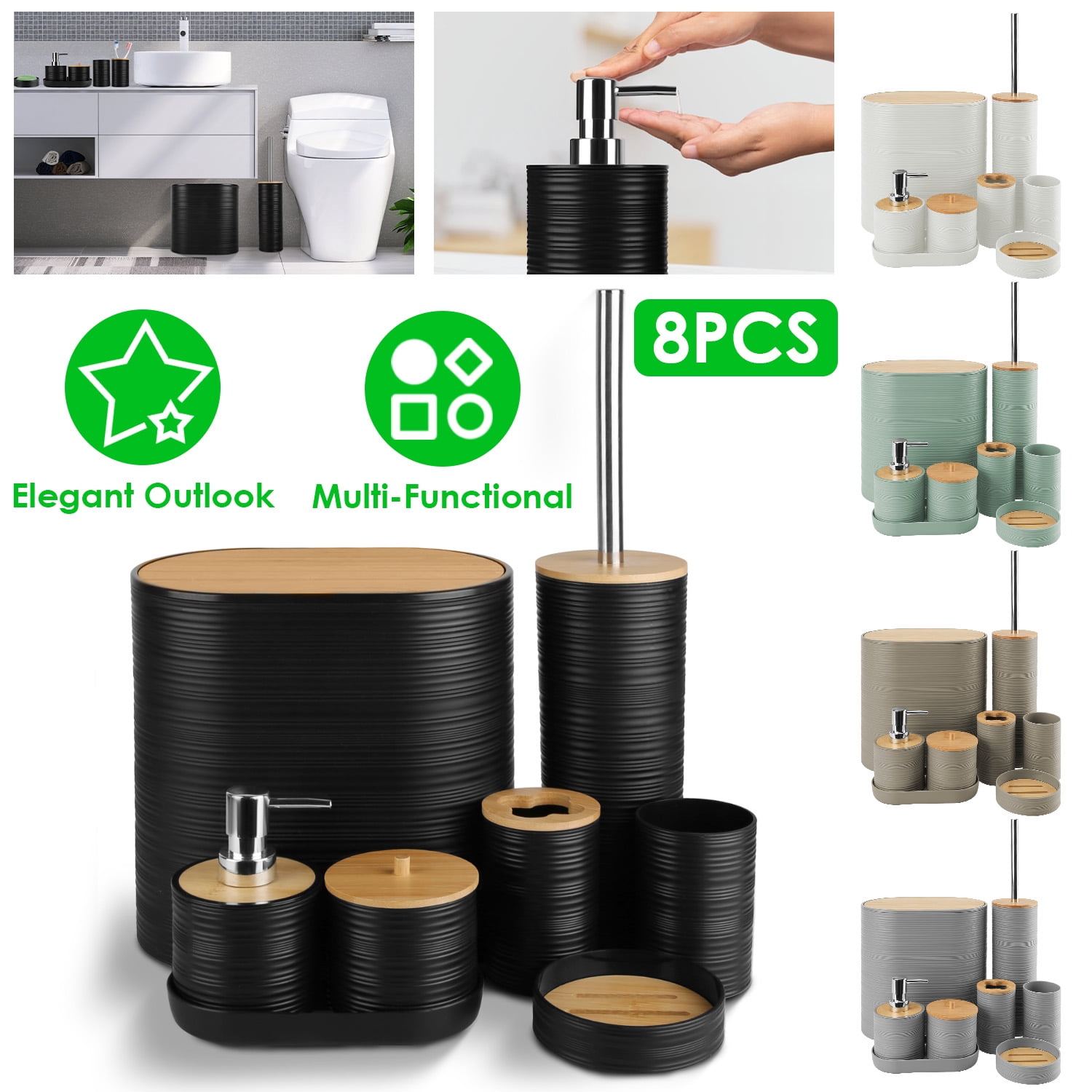 TeqHome Bathroom Accessories Set 8Pcs Bathroom Holder Set with Soap Dispenser Toothbrush Holder Cup Soap Dish Toilet Cleaning Brush Trash Can Qtip Holder Vanity Tray for Bathroom Decor Black