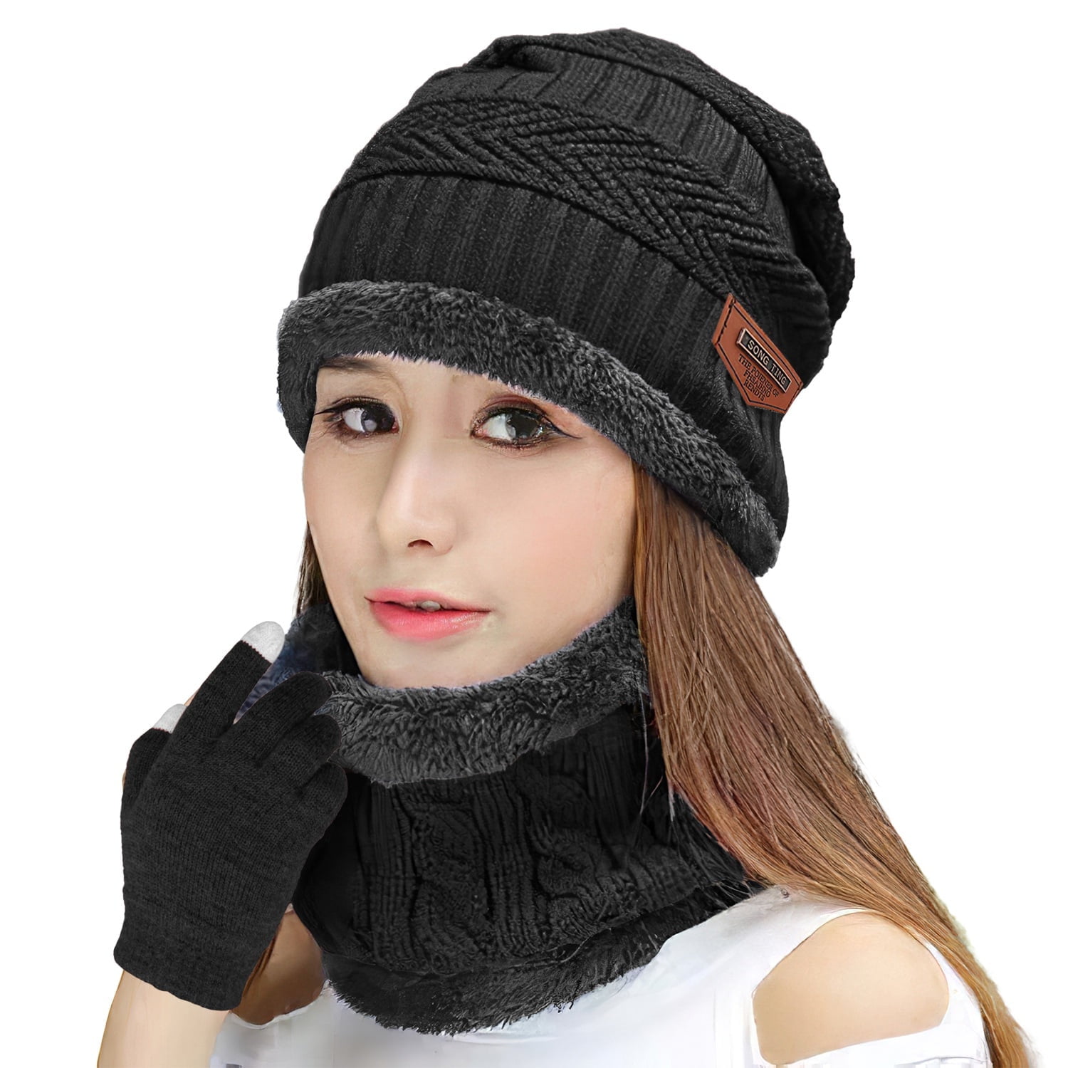 TeqHome Beanie Gloves Neck Warmer Set with Warm Acrylic Knit 