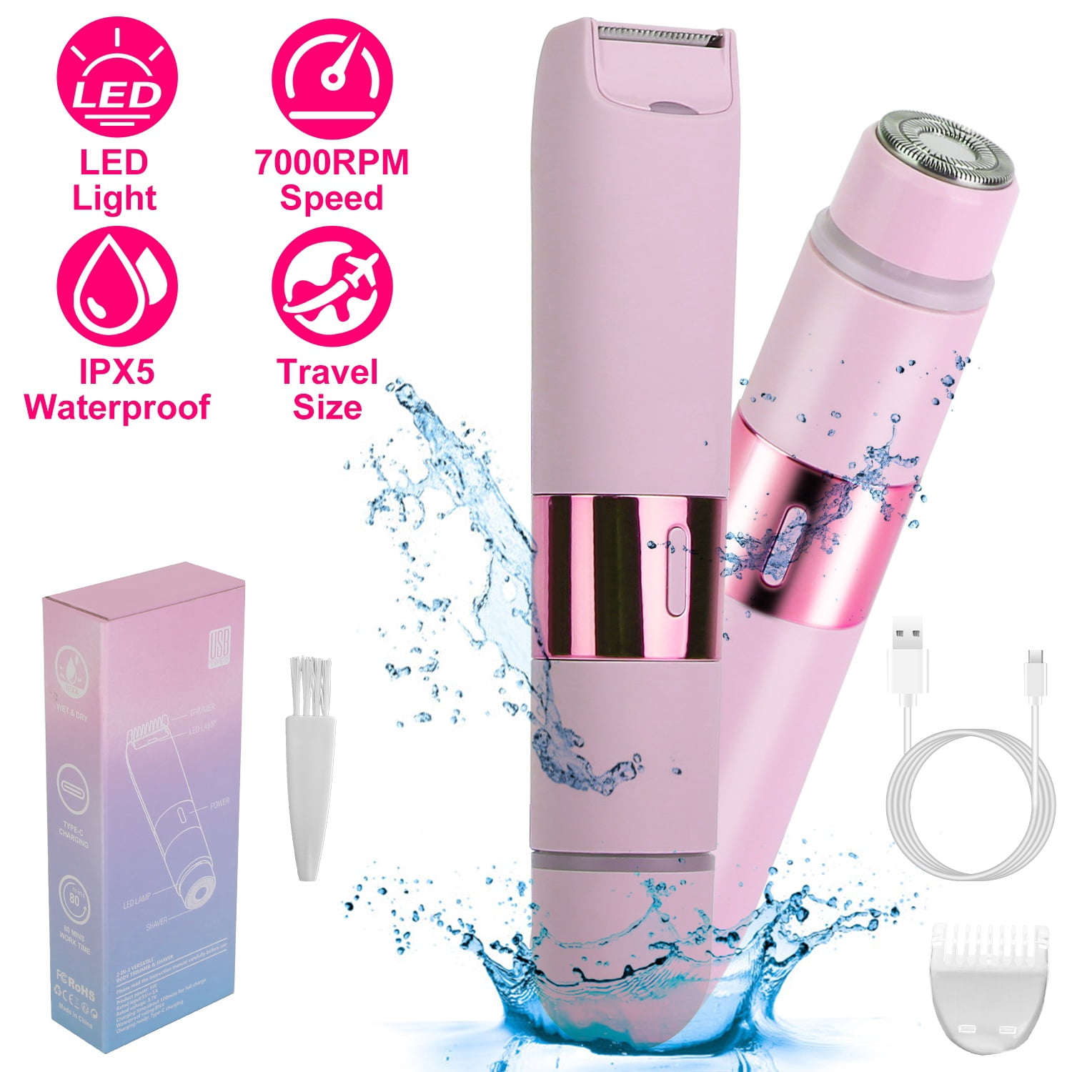 TeqHome Bikini Trimmer for Women 2-In-1 Dual Head Cordless Electric Razor for Women IPX5 Waterproof Rechargeable Pubic Body Hair Trimmer Wet and Dry Use Gifts for Women Pink