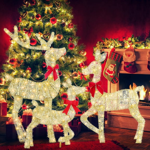 TeqHome 3.4ft 3-Piece 2D Lighted Christmas Deer Family Set 8 Light Modes Christmas Deer Decoration for Indoor Outdoor Yard Christmas Decorations