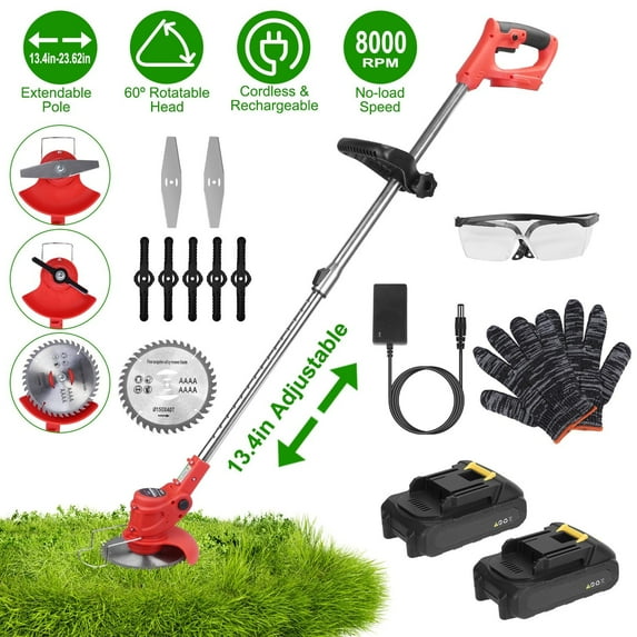 TeqHome 21V String Trimmer Cordless with 2x1.5Ah Battery and Charger Electric Weed Wacker 3 Cutting Blades Extendable Grass Trimmer for Lawn Garden Yard
