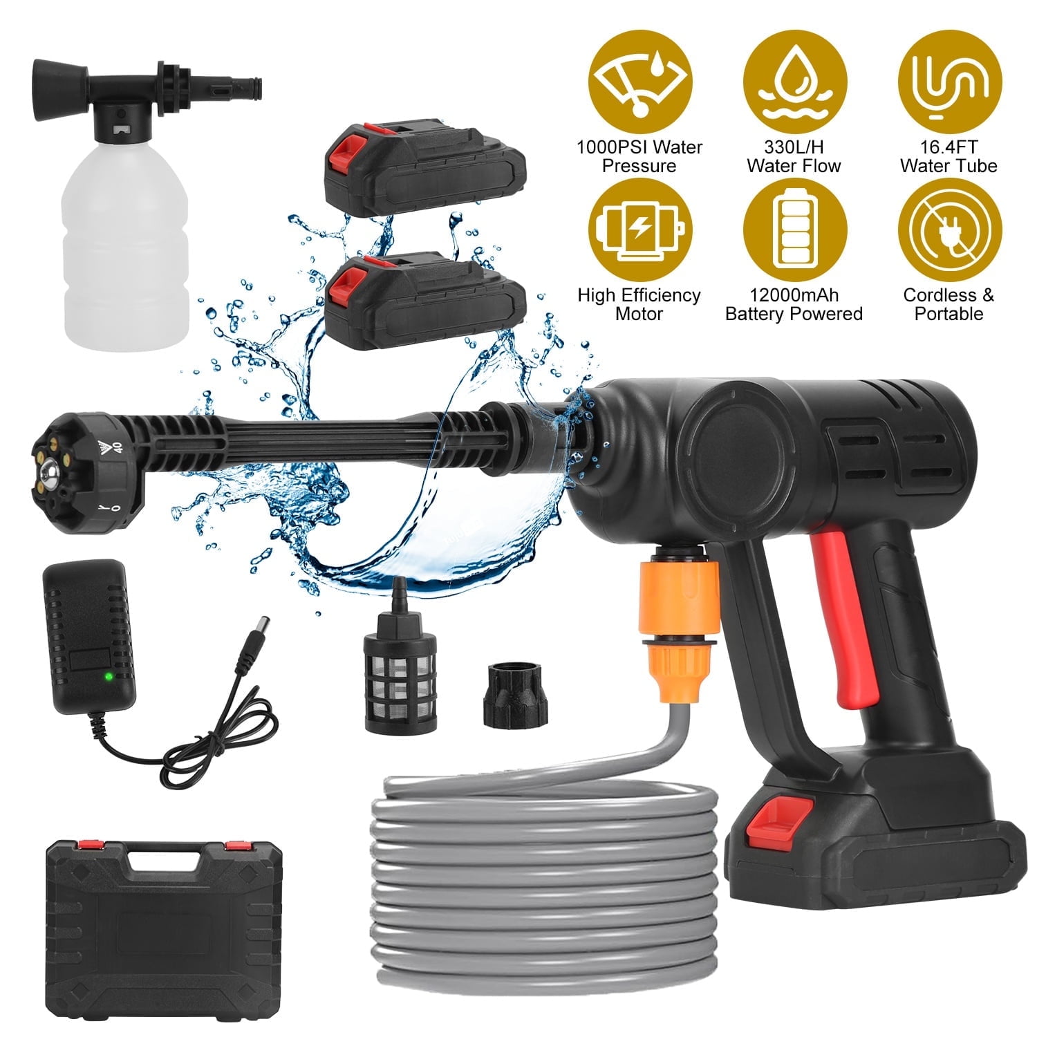 TeqHome Cordless Pressure Washer with 6 in 1 Nozzle 2x12000mAh Battery Powered 1000PSI Handheld Portable Electric Pressure Washer for Car Floor Fence Wall Cleaning