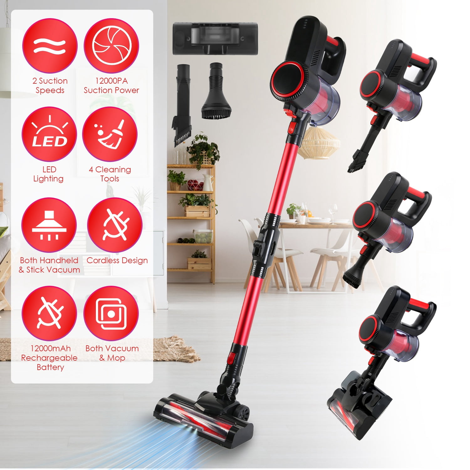 TeqHome Cordless Vacuum Cleaner 4-In-1 100W 12000Pa Handheld Stick Vacuum Cleaner with 2 Speeds 12000mAh Battery and Light for Home Carpet Hard Floor Pet Hair