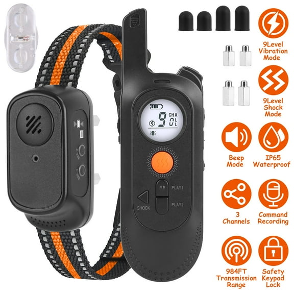 TeqHome Dog Training Collar, IP65 Waterproof Pet Beep Vibration Electric Shock Collar with Remote Range 984Ft, 3 Training Modes, Rechargeable Transmitter Receiver Trainer with Safety Keypad Lock