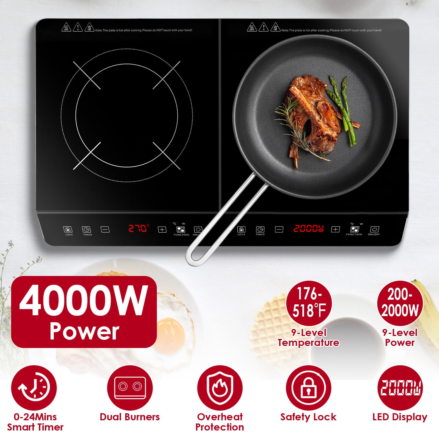 TeqHome Double Induction Cooktop 4000W Portable Induction Countertop with 9 Power Levels 9 Temperature Settiings From 176℉ to 518℉ Smart Timer 0-3H and Safety Lock Black