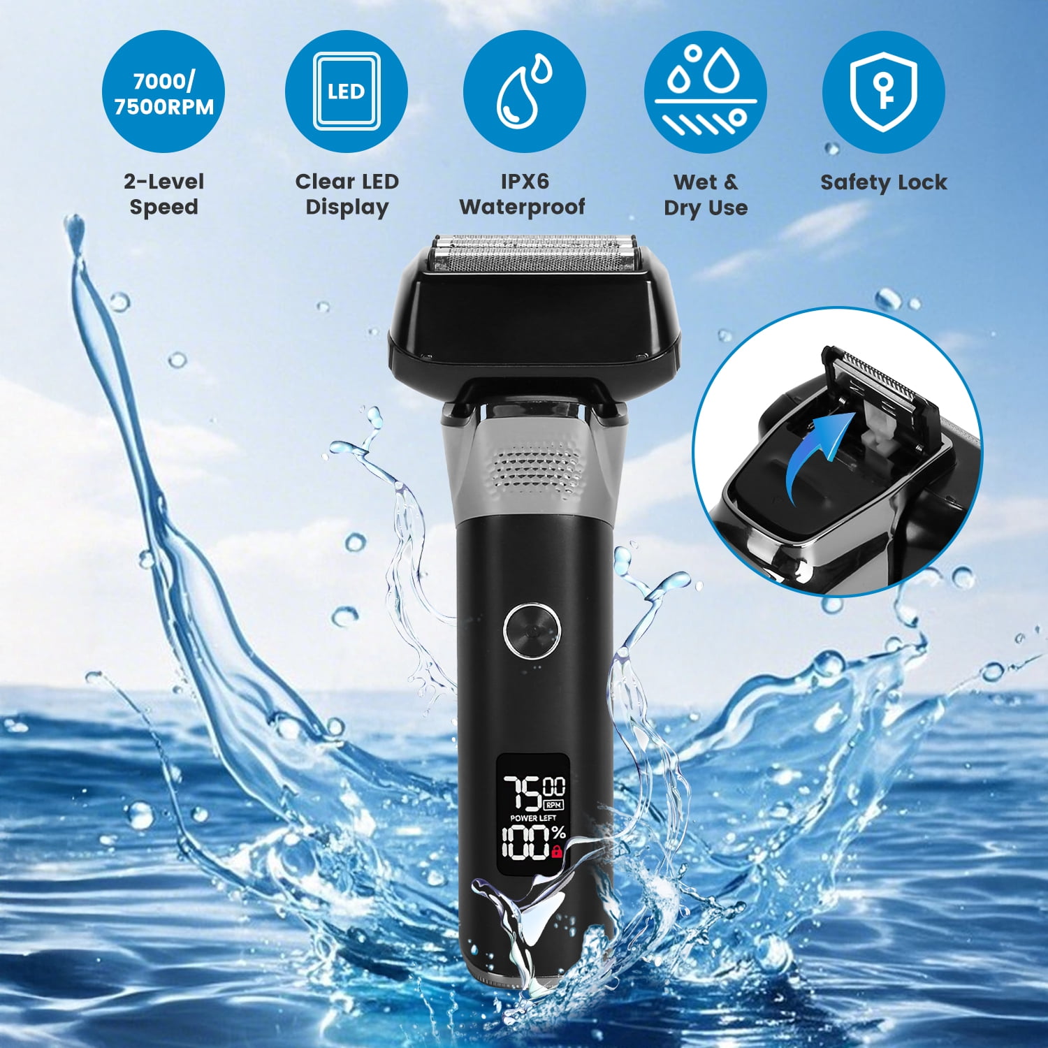 TeqHome Electric Razor for Men 5-Blade Electric Shavers IPX6 Waterproof Wet & Dry Electric Razor with 100min Runtime LED Display Black