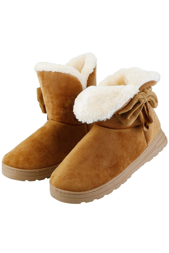 Female Snow Boots with Bowknot Anti-slip Rubber Base Winter Shoes Mid-Calf Women Snow Shoes(Brown,10)