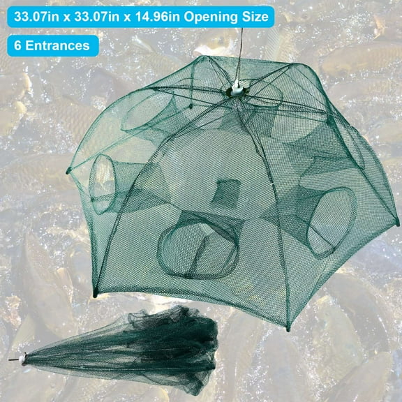 TeqHome Foldable Fishing Trap Net with 6 Hole Portable Crawfish Trap with Nylon Mesh Steel Frame for Catching Live Bait Fish Minnow Crawfish Shrimp