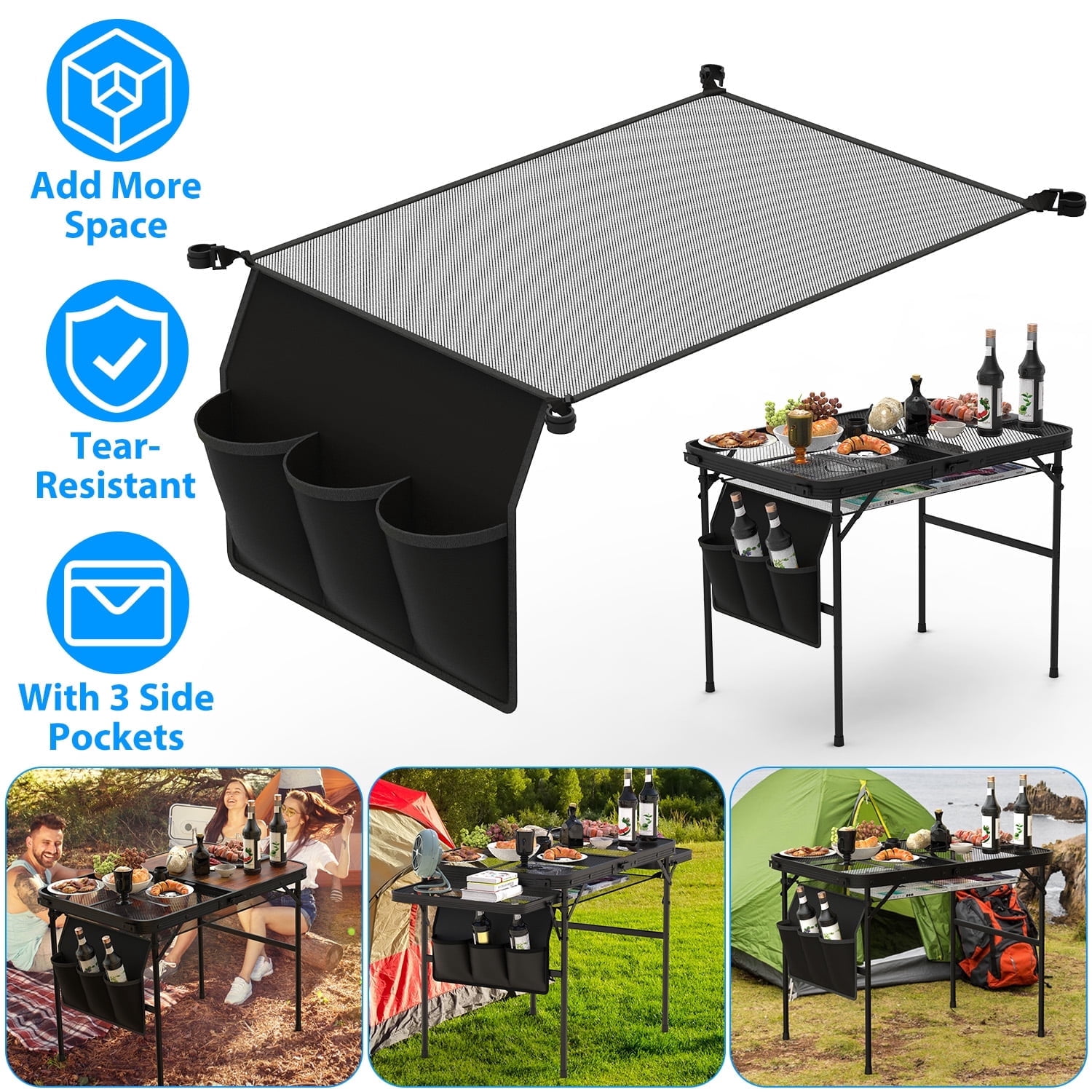 TeqHome Hanging Storage Net for Camping Table Rack with 3 Side Pockets ...