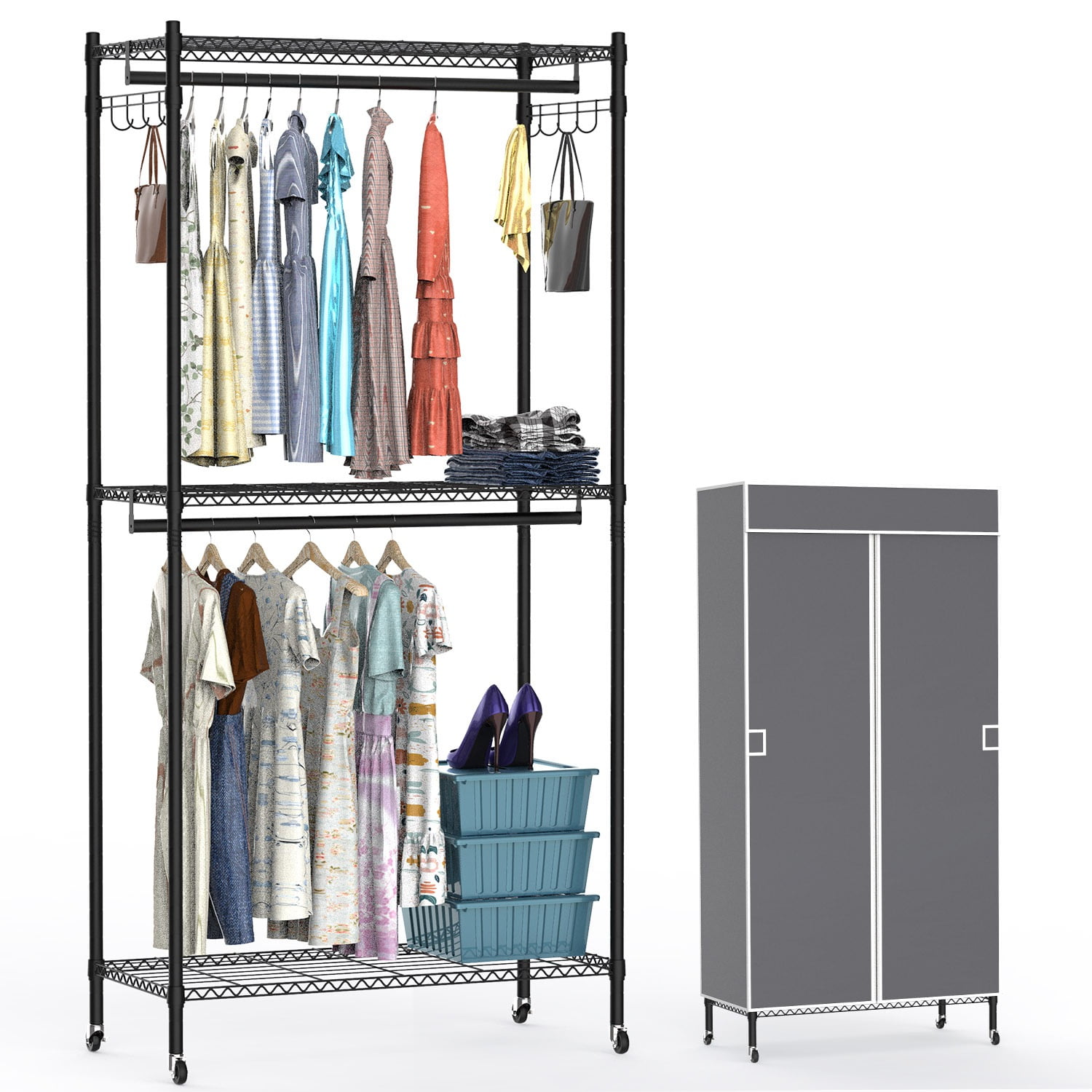 TeqHome Heavy Duty Rolling Garment Rack with Cover Clothing Rack for ...