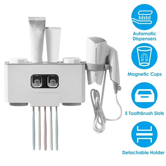 TeqHome Multifunctional Toothbrush Holder Wall Mounted with Automatic 2 Toothpaste Dispensers, 5 Toothbrush Slots, 4 Cups, 1 Deep Storage Slot, 1 Hair Dryer Bracket (White)