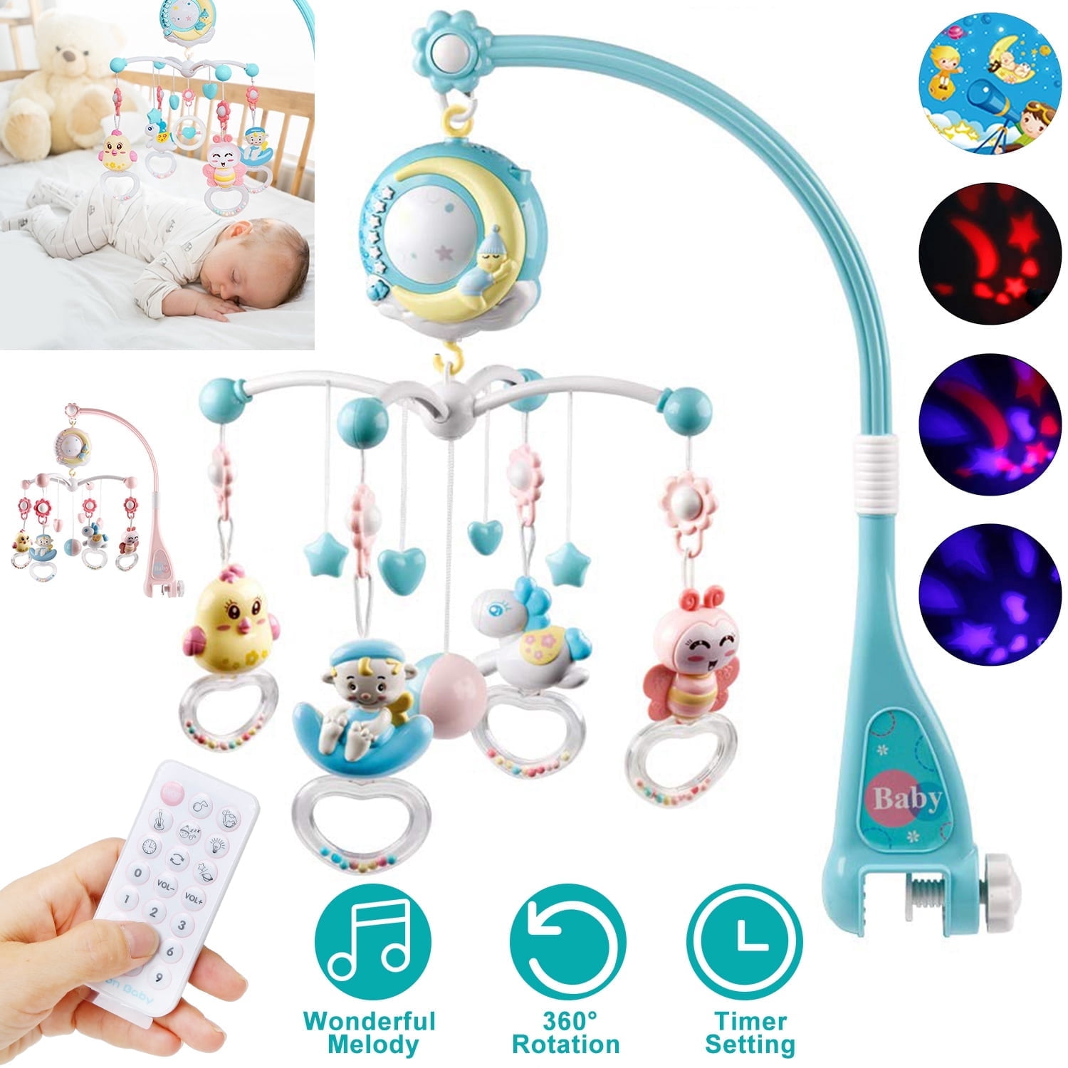 TeqHome Musical Crib Mobile with Star Projector & Remote Control, Blue