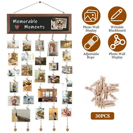 TeqHome Picture Frames Collage Wall Decor Wooden String Ropes Hanging Photo Display Frame with 30 Clips Writable Blackboard for Dorm Party Home Decor