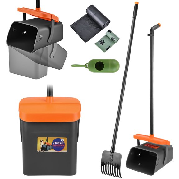 TeqHome Pooper Scooper Swivel Bin & Rake Kit with 35 Waste Bags, Long Handle Adjustable Portable Non-Breakable Dog Pooper Scooper for Large Medium Small Dogs, Poop Scooper for Lawn Yard