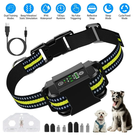TeqHome Rechargeable Anti Bark Collar Dual Motor Tech Humane No Shock Training Vibration Beeps Active Modes Adjustable for Small Medium Large Dogs