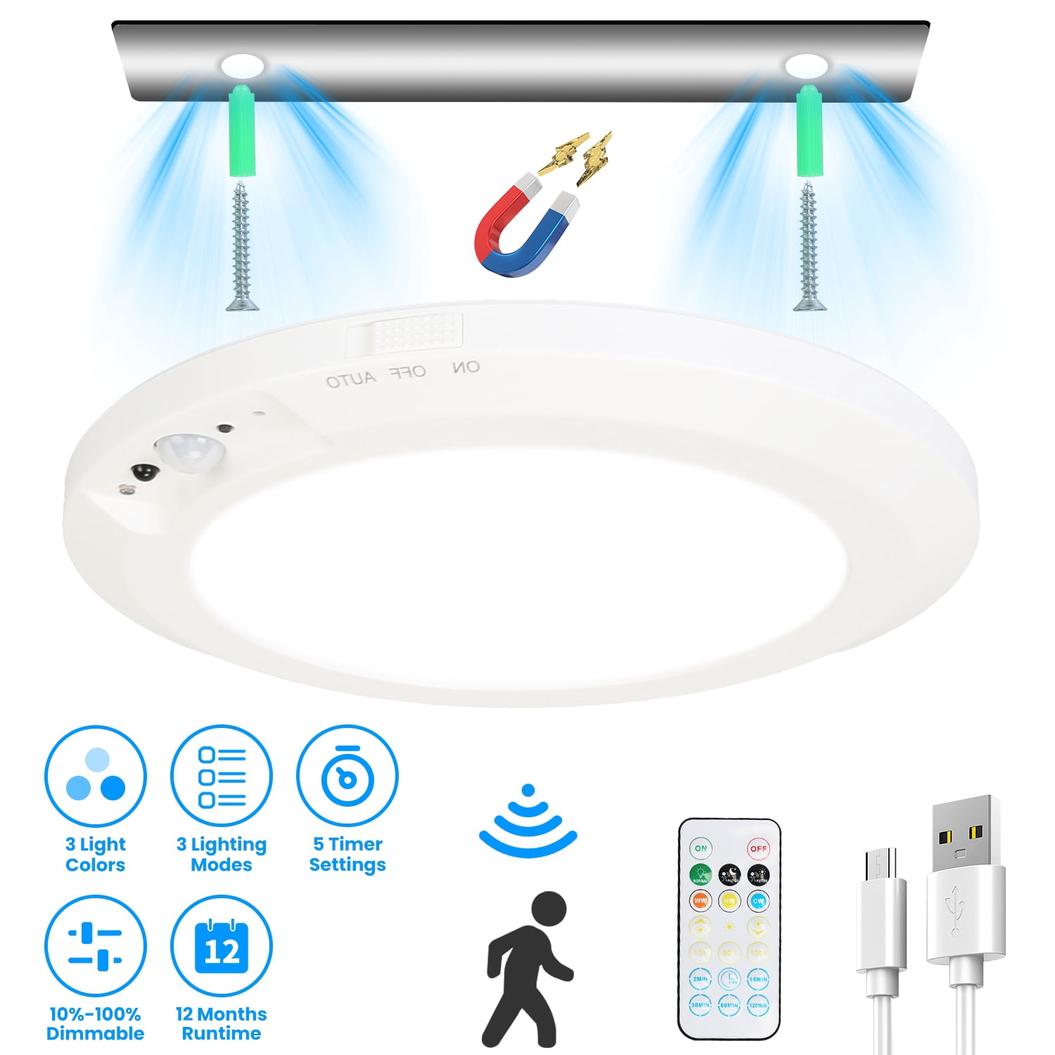 TeqHome Rechargeable Motion Sensor Ceiling Light Indoor 3 Color ...