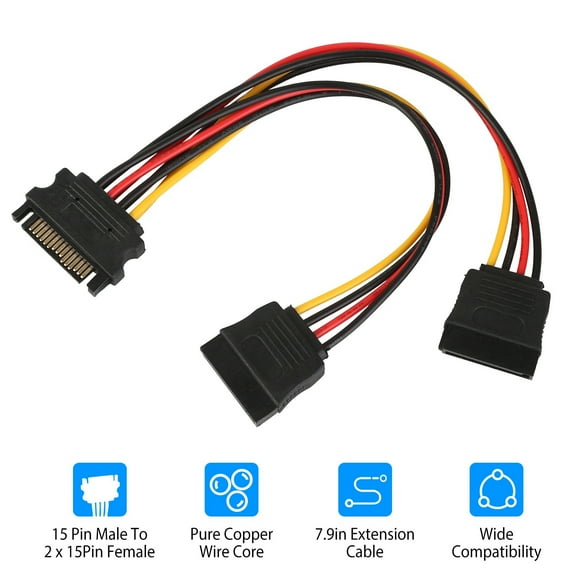 TeqHome SATA 15 Pin Male to Dual Female M/F Connector Y Splitter Power Adapter Cable Converter Cord for Hard Drive, 8 In