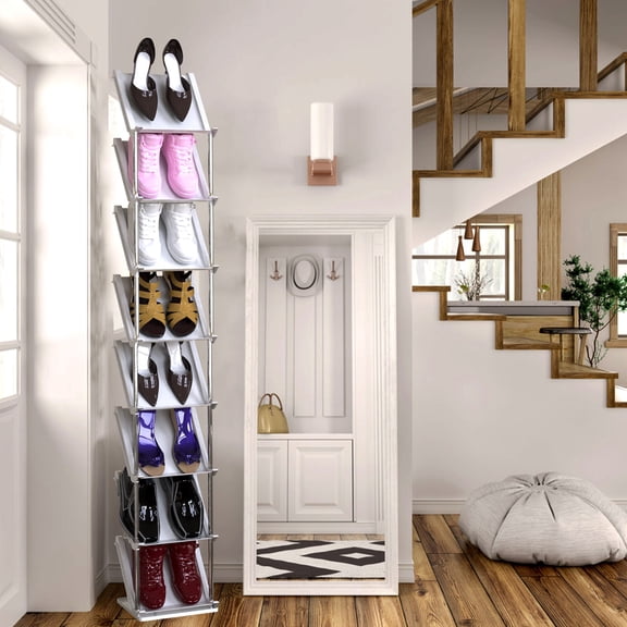 TeqHome Sloping Narrow Shoe Rack 8Tiers Free Standing Vertical Shoes Racks for Small Spaces and Corner, Shoe Storage Organizer for Entryway Grey