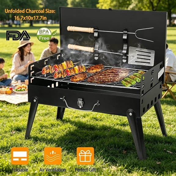 TeqHome Small Grill Portable Charcoal Barbecue Grill Lightweight Foldable Tabletop Small Grill for Camping Picnic Garden Beach Party 16.7x10x17.7in Black