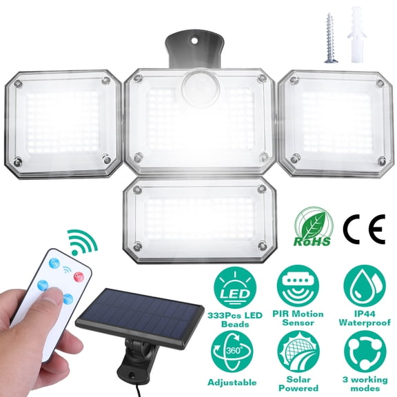 TeqHome Solar Lights Outdoor, Motion Sensor Lamps with Separate Solar Panel 4 Adjustable Heads 333Pcs Beads 120° Sensing Angle Remote Control Waterproof Lights for Yard Front Door Porch Garage