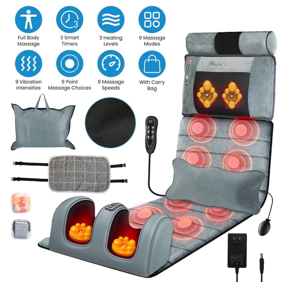 TeqHome Full Body Massage Mat with Heat Vibrating Back Massager Adjustable Intensity for Neck Foot Pain Relief