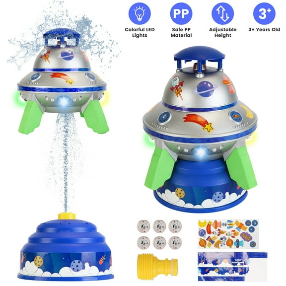 TeqHome Water Sprinkler for Kids Backyard Sprinkler with Colorful LED Lights 360° Spinning 1.64-6.56ft Adjustable Height Summer Outdoor Kids Sprinklers and Water Toys Blue