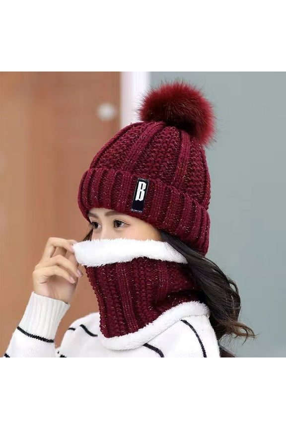 Winter Beanie Hat Scarf Set for Women Fleece Lined Warm Knitted Hat Neck Warmer for Walking Hiking Camping Gift Red