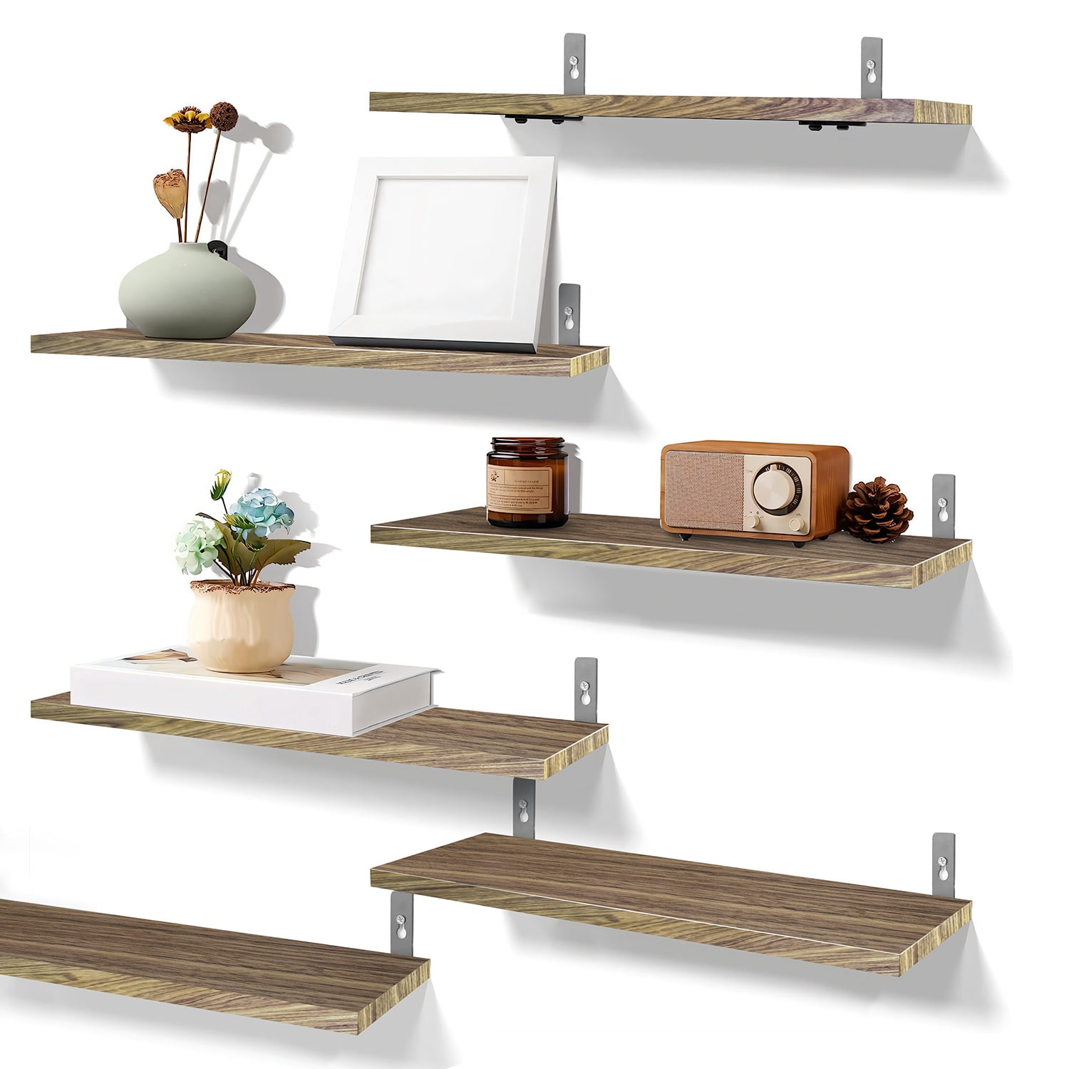 TeqHome Wood Floating Shelves Wall Mounted Hanging Display Shelf with Metal Bracket Bathroom Shelves for Wall Book Wall Shelves for Living Room (Light Brown, Set of 6)