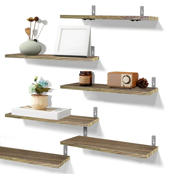 TeqHome Wood Floating Shelves Wall Mounted Hanging Display Shelf with Metal Bracket Bathroom Shelves for Wall Book Wall Shelves for Living Room (Light Brown, Set of 6)